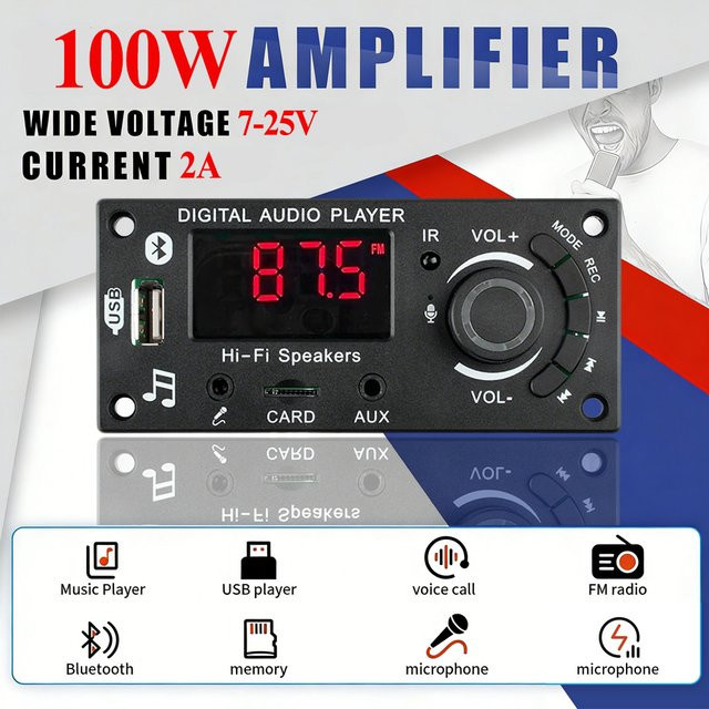 KEBIDU 100W Bluetooth 5.0 MP3 Decoder Board mit LED-Bildschirm, FM, USB und Mikrofon, Schwarz - Bild 1