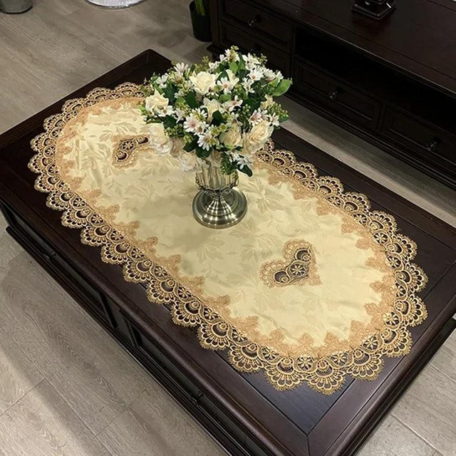 Ovale Tischdecke von Yiran Furniture in Beige mit floraler Spitze und Jacquard-Stickerei, B/T: 120 x 60 cm - Bild 1