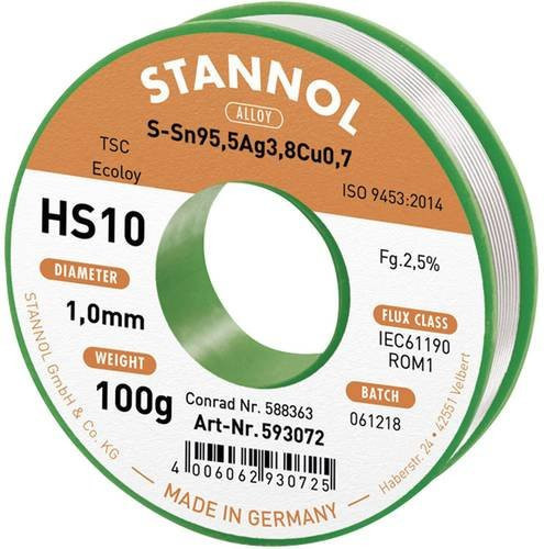 Stannol HS10 2510 Bleifreies Lötzinn Sn95,5Ag3,8Cu0,7 ROM1 in Silber, 100g, 1mm - Bild 1