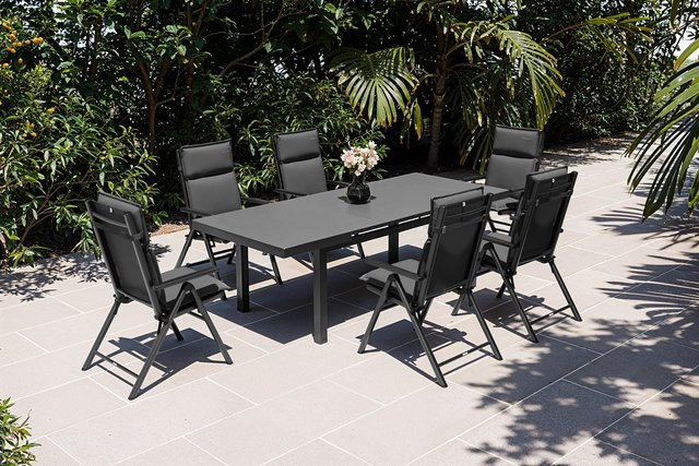 Kettler BasicPlus Pro Garten-Essgruppe in Anthrazit mit ausziehbarem Tisch und 6 Klappstühlen inklusive Auflagen aus Aluminium, Textilene und Glas - Bild 1