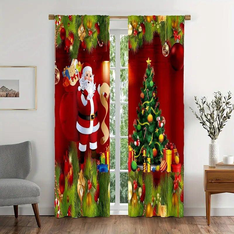 Yiran Furniture Weihnachtsfenstervorhang Set mit Santa und Baumdruck, 2 Stück, Mehrfarbig, B: 35 cm, H: 100 cm - Bild 3