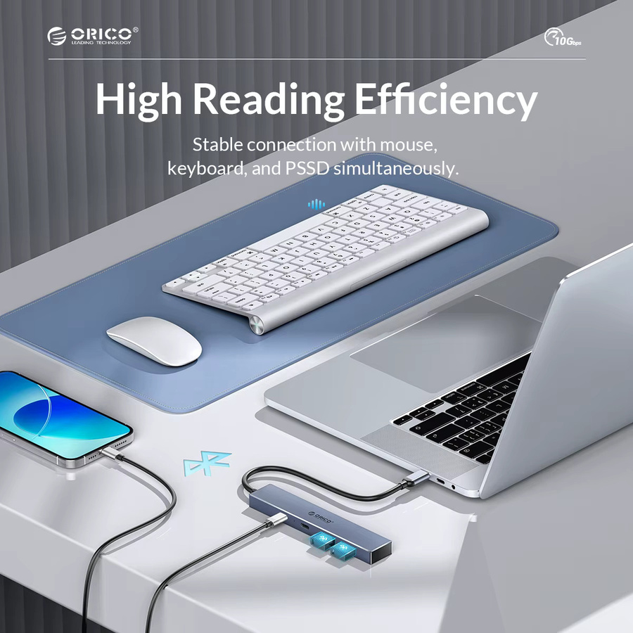 ORICO USB-C Hub mit 4 Ports, USB 3.2 10 Gbps, PD 100W Unterstützung, SD und TF Kartenleser, OTG Adapter für PC und Computer, Grau - Bild 3