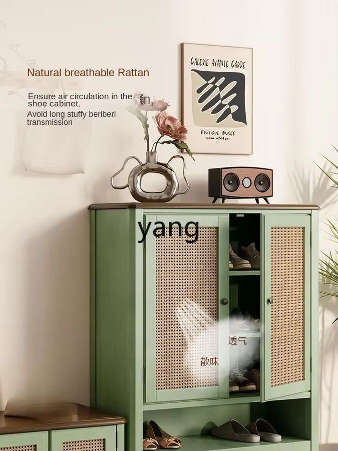 Lmm Retro-Schuhschrank aus Massivholz in Grün mit Türen und offenen Regalfächern für Flur und Wohnzimmer - Bild 4