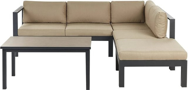 Beliani Lounge Set Schwarz Beige mit L-Form, Outdoor-Gartenmöbel-Set aus Aluminium mit 3-Sitzer-Sofa, Ottoman, Couchtisch und Polsterkissen - Bild 1