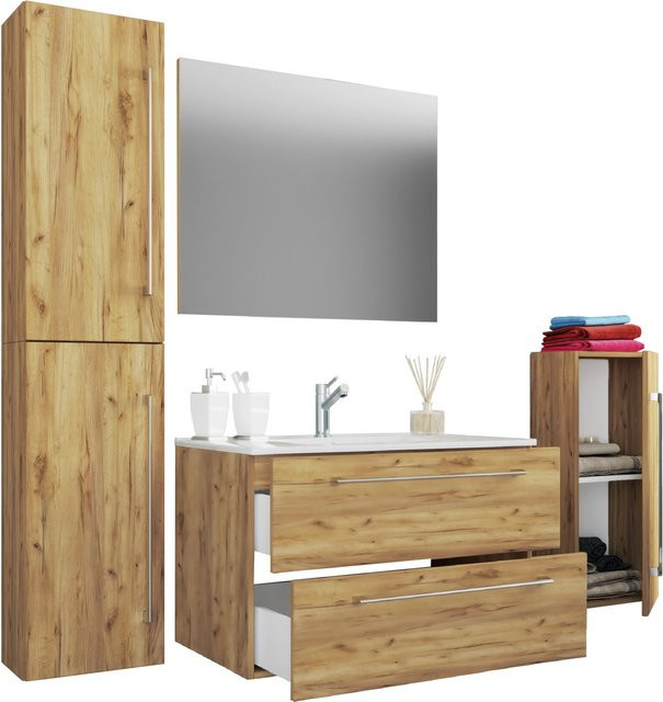 VCM Badmöbel Set Badinos 5-tlg. in Weiß und Eiche Honig mit Keramik Waschbecken, Spiegel, Midischrank und Hochschrank, B/H/T: 81 x 150 x 46 cm - Bild 1