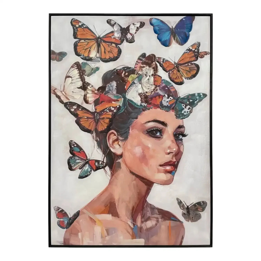 Mansion atmosphere Canvas-Gemälde Woman with Big Butterflies – Modernes Frauenporträt mit Schmetterlingen, Mehrfarbig, Breite: 70 cm, Höhe: 100 cm - Bild 1