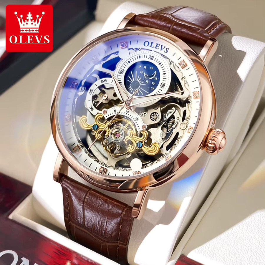 OLEVS Armbanduhr, Automatik, Mondphase, Skelett, Leder, Herren - Bild 6