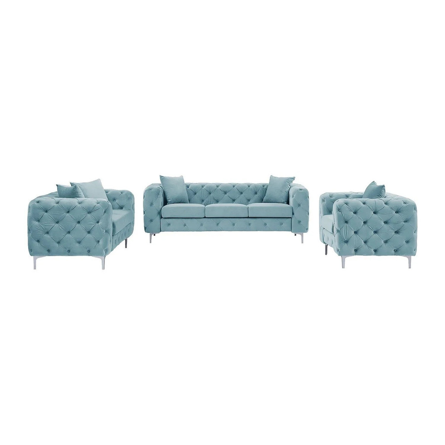 Vente-unique Couchgarnitur Edwina Chesterfield aus Samt in Hellblau bestehend aus 3-Sitzer, 2-Sitzer und Sessel B/T/H: 220 x 162 x 106 cm - Bild 2