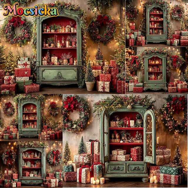 Mocsicka Fotohintergrund Weihnachten mit Weihnachtskranz und Dekoration in Multicolor für Porträtfotos und Studioaufnahmen - Bild 1