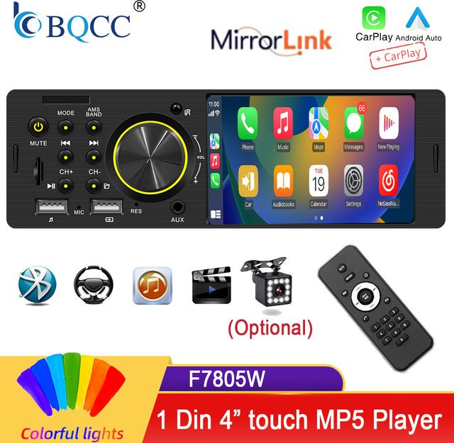 BQCC 1 DIN Wireless CarPlay Autoradio mit 4,1 Zoll HD-Touchscreen, Bluetooth, FM-Stereo und MP5-Multimedia-Player in Schwarz - Bild 1