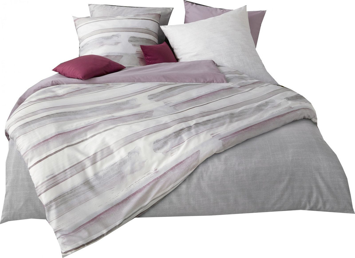 Fleuresse Mako-Satin Bettwäsche Streifen Wende Design in Mouve Rosa, B/H: 155 x 220 cm mit Kissenbezug 80 x 80 cm - Bild 1