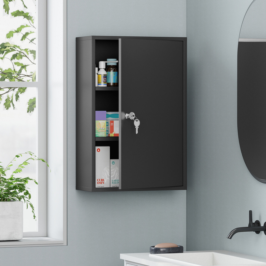 Aosom Medizinschrank aus Metall in Schwarz, abschließbarer Arzneischrank mit 3 Fächern zur Medikamenten-Aufbewahrung, B/T/H: 40 x 18 x 60 cm - Bild 2