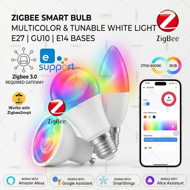Arteco Zigbee Smart LED-Glühbirne RGBCW, dimmbar, Multicolour, kompatibel mit Amazon Alexa und Yandex Alice - Bild 1