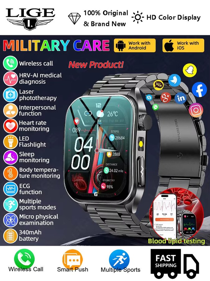LIGE Smartwatch mit Lasertherapie und Gesundheitsanalyse für EKG, PPG, Blutfette, Harnsäure, Körperfett und Temperatur in Schwarz mit Sprachanruf-Funktion - Bild 6