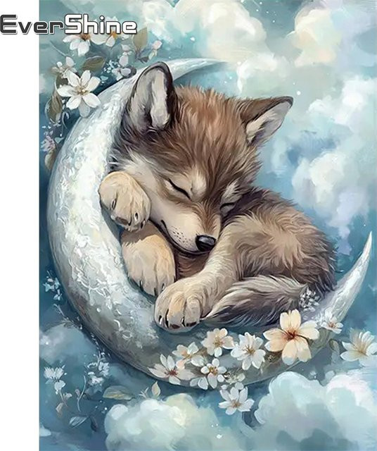 EverShine DIY Diamantmalerei Wolf und Mond als Rundes Mosaik Wanddekor, Mehrfarbig, B: 30,0 cm, H: 20,0 cm, T: 20,0 cm - Bild 1