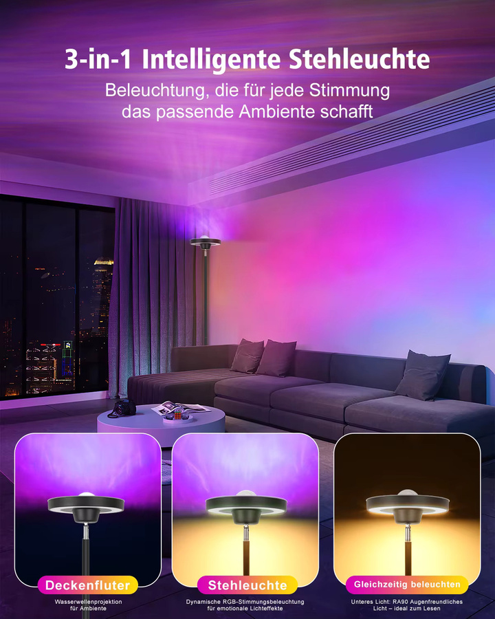 Oraymin RGB Stehlampe mit Wasserwellen-Projektion in Schwarz, dimmbare LED Stehleuchte mit Leselampe und Fernbedienung, Höhe: 175 cm, Breite: 25 cm, Tiefe: 25 cm - Bild 2