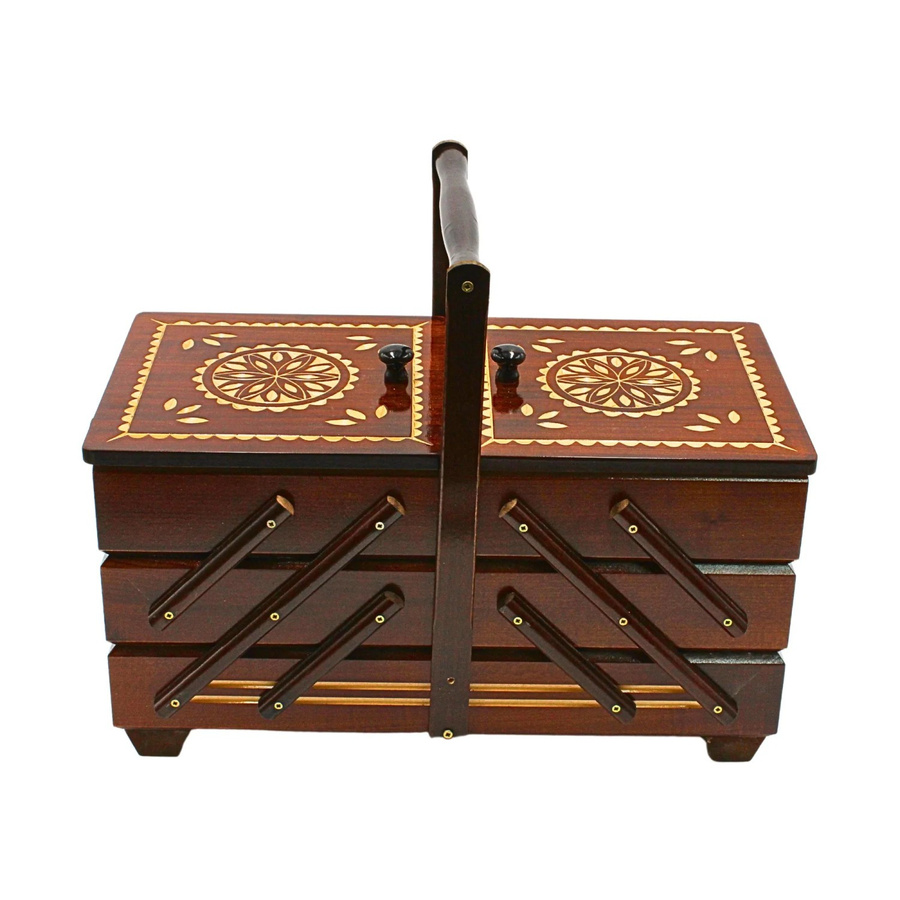Dekohelden24 Nähkästchen aus Furnierholz mit 7 Fächern und Holzornament in Braun, B/T/H: 42 x 20 x 21 cm - Bild 2