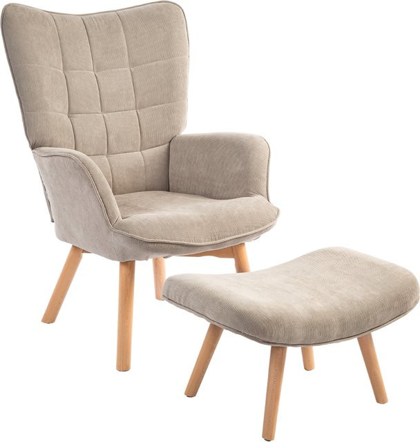HOMCOM Ohrensessel mit Hocker in Cord-Optik, Loungesessel mit Buchenholzbeinen und Stahlrahmen, Hellbraun - Bild 1