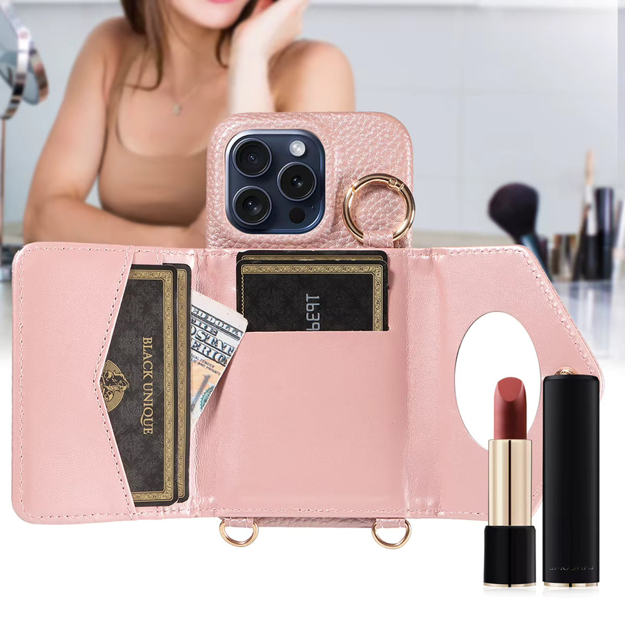 Stilvolle Damen-Umhängetasche aus PU-Leder für iPhone 14 und iPhone 13 Modelle mit langem Lanyard und Spiegel-Telefonabdeckung in Weiß oder Pink - Bild 4