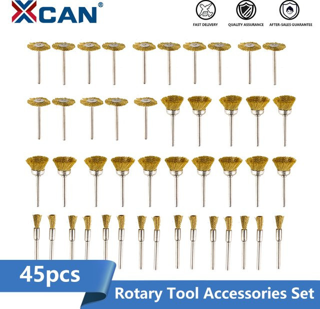 XCAN 45-teiliges Stahlbürsten-Set mit Messingkopf und Mini-Bohrer, 3mm Schaft, Gold, Rostentferner für Dremel-Rotationswerkzeuge - Bild 1