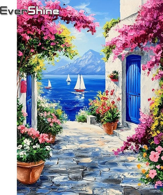 Evershine 5D Voll-Diamant-Stickerei Küstenlandschaft mit Boot und Blumen als Mosaik-Strass-Bild in Multicolour, B/H: 30 x 20 cm - Bild 1