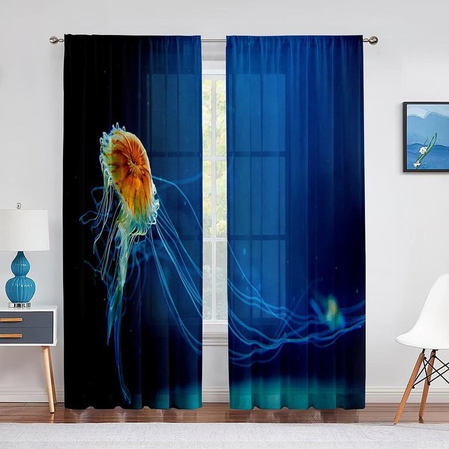 Transparenter Tüllvorhang mit Qualle-Motiv in Blau von Super Six, Breite: 100 cm, Höhe: 250 cm - Bild 1