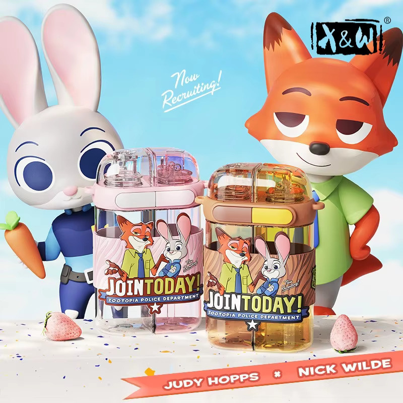 XW Zootopia Trinkbecher mit Doppelter Wassertank und Strohhalm, 640 ml, Mehrfarbig, Tritan+PP-Wasserflasche mit Isolierabdeckung und Trageseil für Kinder - Bild 2