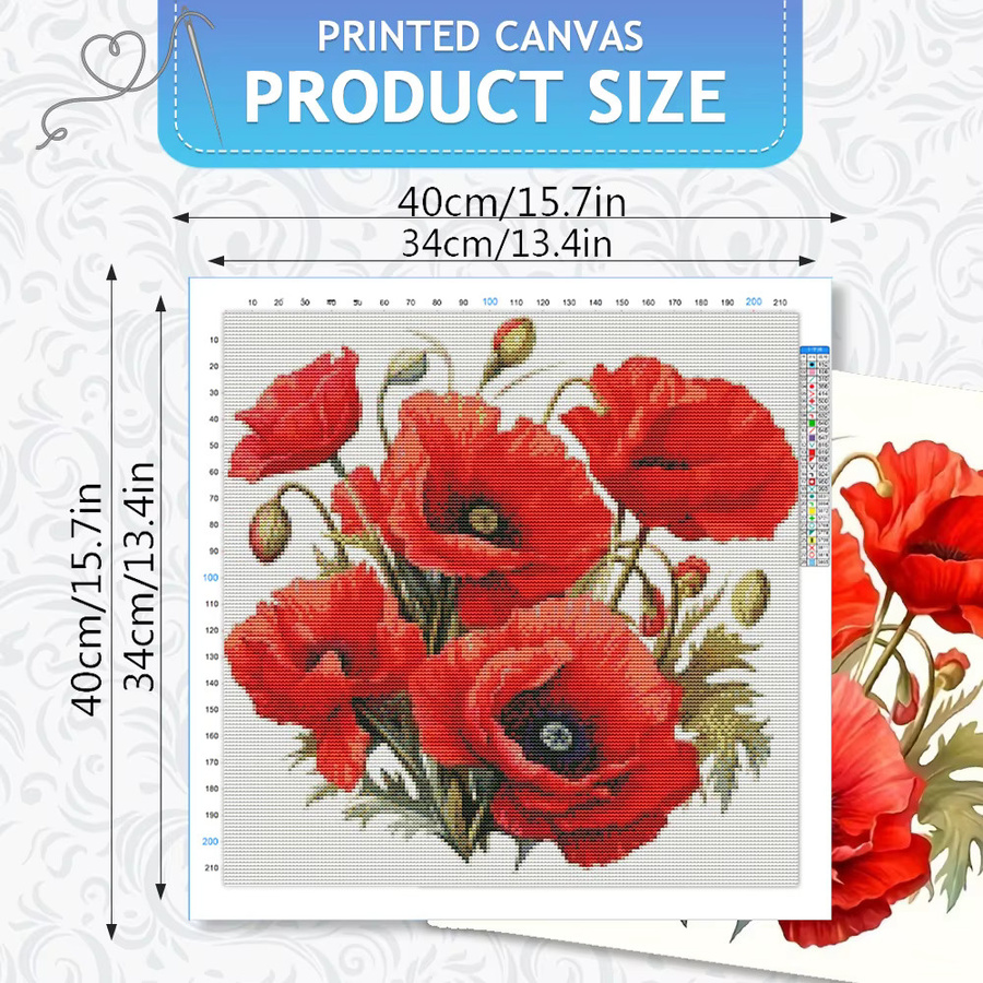 HUACAN Kreuzstich-Set mit floralem Rosen- und Mohnblumen-Motiv, 11CT DIY-Stickerei-Set für deine handgefertigte Leinwandkunst, B/H: 30 x 30 cm - Bild 2