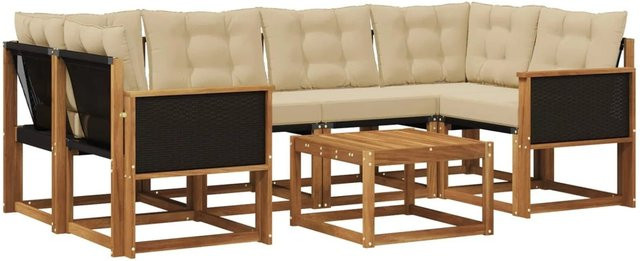 vidaXL Outdoor-Sofagarnitur L-Form aus Akazienholz mit 7 Kissen in Natur und Beige - Bild 1