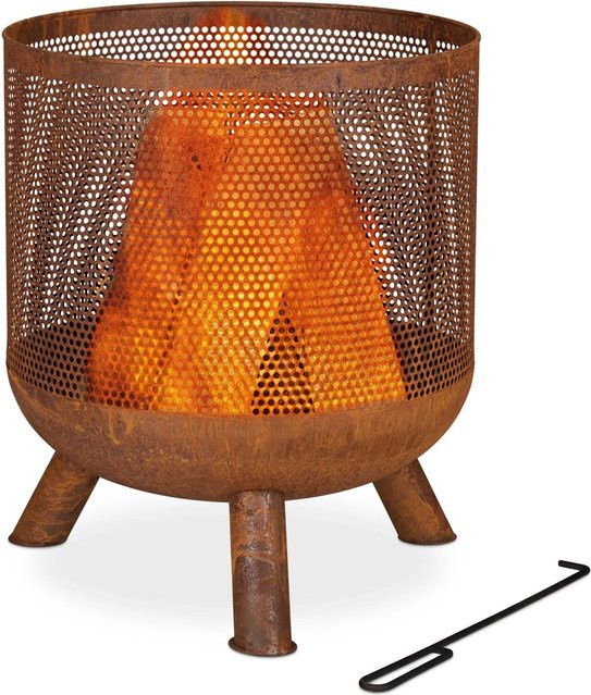 Relaxdays Feuerkorb aus Stahl in Braun mit Funkenschutz, Holzrost und Schürhaken, Höhe: 53 cm, Breite: 44 cm, Tiefe: 44 cm - Bild 1