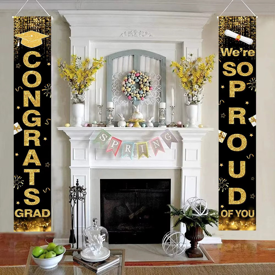 OURFETE Abschlussfeier Türbanner Set, 2 Stück Gold, Congrats Grad Partydeko zum Aufhängen, B/H: 30 x 180 cm - Bild 2