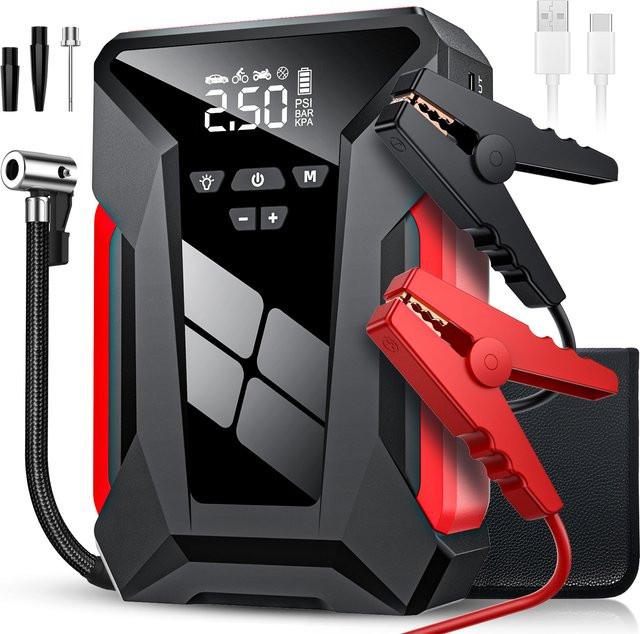 WUIETI 4-in-1 Auto-Starthilfe und Reifenfüller mit 150PSI, Batterie-Booster mit 1200A Spitzenstrom und LED-Licht, Schwarz - Bild 1