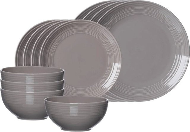 Ritzenhoff & Breker Levi Dinner-Service aus Porzellan, 12-teilig, Grau gestreift, spülmaschinenfest - Bild 1