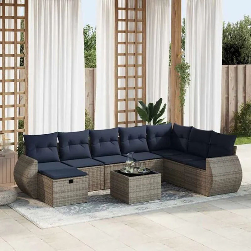 9-tlg. modulare Garten-Sofagarnitur mit Kissen und Fußhocker aus Poly-Rattan in Grau von vidaxl - Bild 1