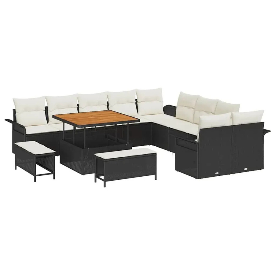 vidaXL Garten-Sofa-Set 13-teilig aus Poly-Rattan in Schwarz-Creme mit Armsesseln, Hockern und Tisch - Bild 2