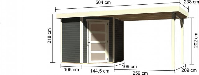 Karibu Gartenhaus Schwandorf 3 aus Holz in Terragrau mit Flachdach und Anbaudach B/H/T: 213 x 217 x 213 cm - Bild 4
