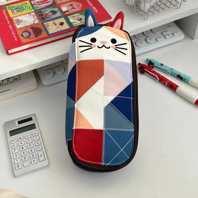 Niedrige Federmäppchen Aufbewahrungstasche mit Cartoon-Katzen-Design im japanischen Patchwork-Stil, mehrfarbig - Bild 2