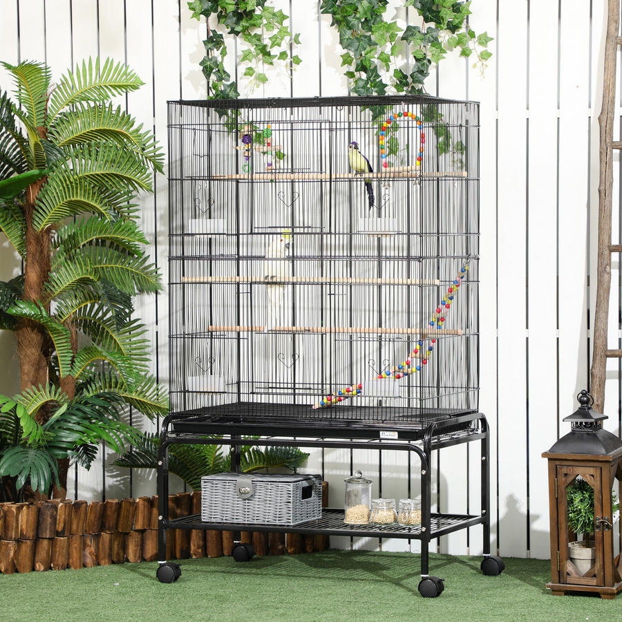 PawHut Vogelkäfig auf Rollen mit 4 Futternäpfen und 3 Sitzstangen, schwarz, B/T/H: 79 x 49 x 133 cm - Bild 2
