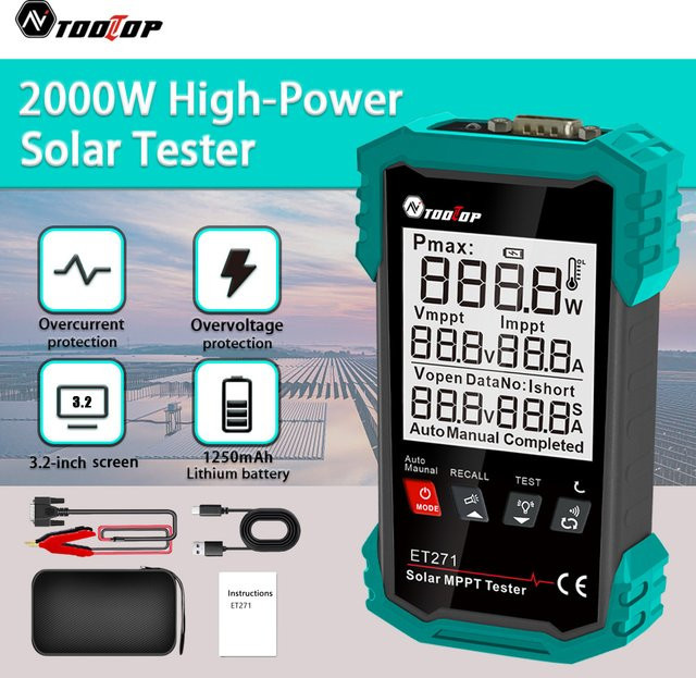 TOOLTOP Tragbares Solarpanel 2000 W MPPT-Tester mit Datenspeicher für Photovoltaik-Solarstromzähler und Solarbatterie-Wartung - Bild 1