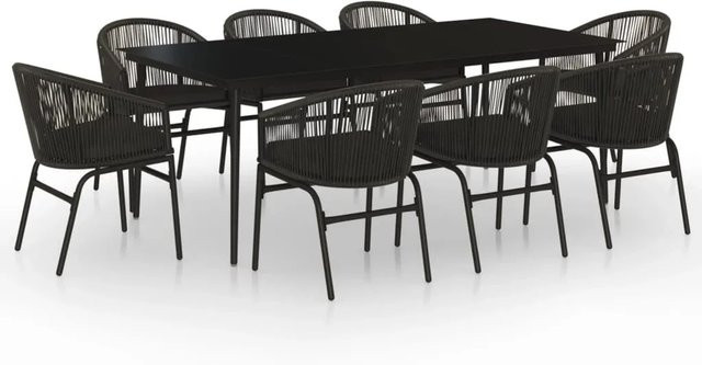 vidaXL 9-teilige Garten-Essgruppe in Schwarz mit Tisch aus gehärtetem Glas und pulverbeschichtetem Stahl für Garten und Terrasse - Bild 1