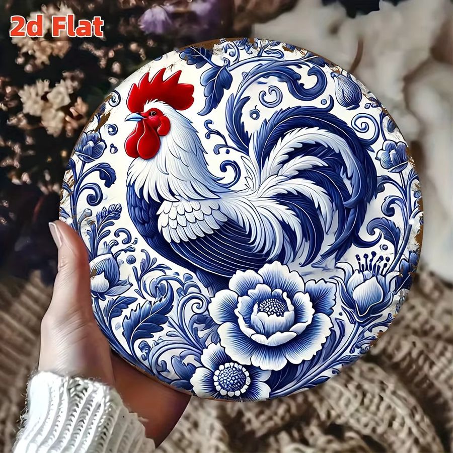 Potdemiel Wanddekoration aus Aluminium im mediterranen Azulejo-Stil mit Blumen- und Hahn-Motiv in Blau und Weiß - Bild 3