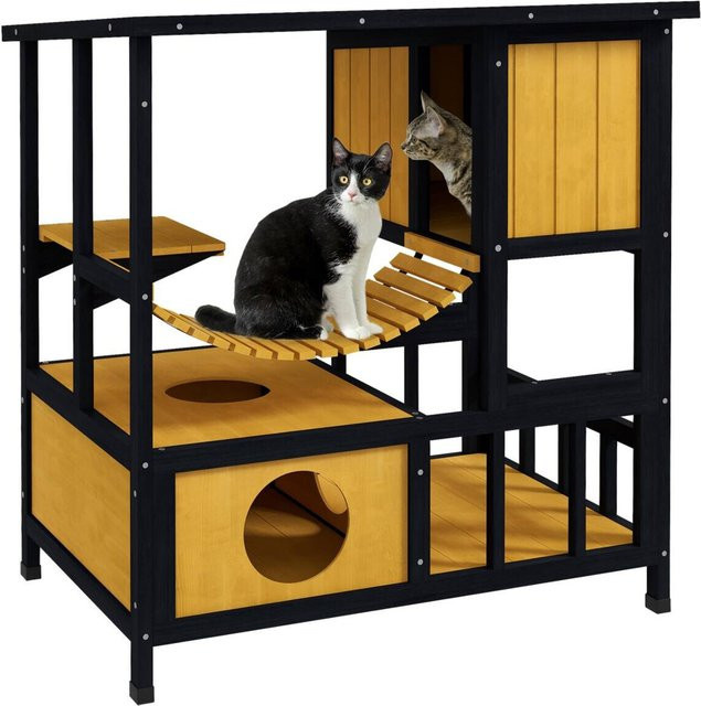 PawHut Outdoor-Katzenhaus aus Kiefernholz und Tannenholz, wetterfest mit erhöhtem Boden, Gelb-Schwarz, B: 60 cm, T: 84,5 cm, H: 88 cm - Bild 3