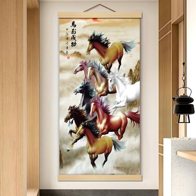 Seidenposter mit Acht Pferden von Potdemiel, Leinwand-Rollbild im chinesischen Stil als hängendes Gemälde in Mehrfarben - Bild 1