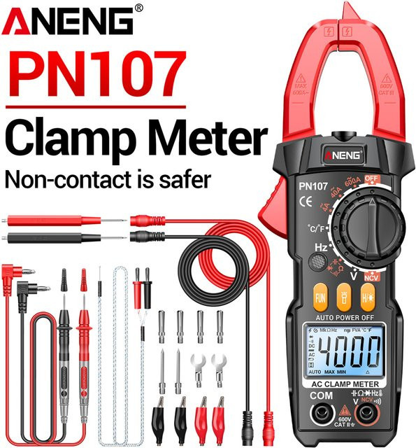 ANENG PN107 Zangenamperemeter VC1010 Spannungsprüfer-Set in Rot mit 4000 Anzeigen, 200A AC/DC Strommessung und NCV-Erkennung für Elektriker - Bild 1