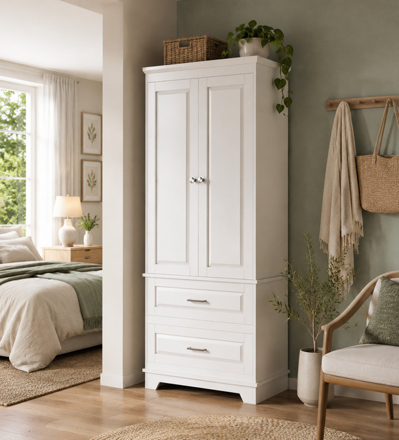 HYNHXBP Standregal-Schrank in Weiß, modernes mattes Design mit Doppeltüren, Schubladen und verstellbaren Regalen für Badezimmer, Küche oder Büro - Bild 1