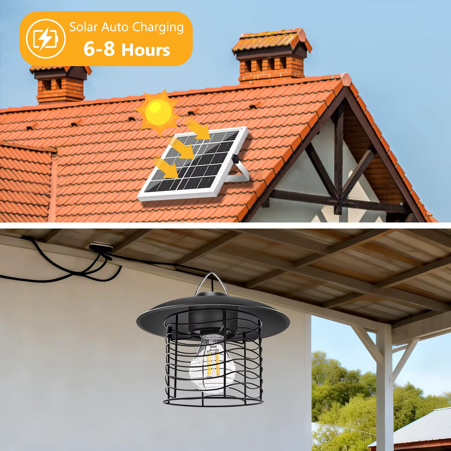 AMARYLLIS Solar-Pendelleuchte für Außenbereich in Schwarz mit Retro-Zugkettenschalter, IP65 wasserdicht, warmweißes Licht und Batterieanzeige - Bild 2