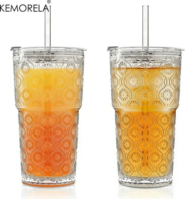 KEMORELA Begonia Blumen Glasbecher mit Deckel und Glasstrohhalm, transparent, 600 ml - Bild 1