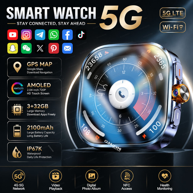GUHUAVMI Smartwatch mit WiFi, 4G 5G Cellular und NFC in Braun mit 3+32GB Speicher, AMOLED HD-Display und Anruffunktion für Herren und Damen - Bild 1