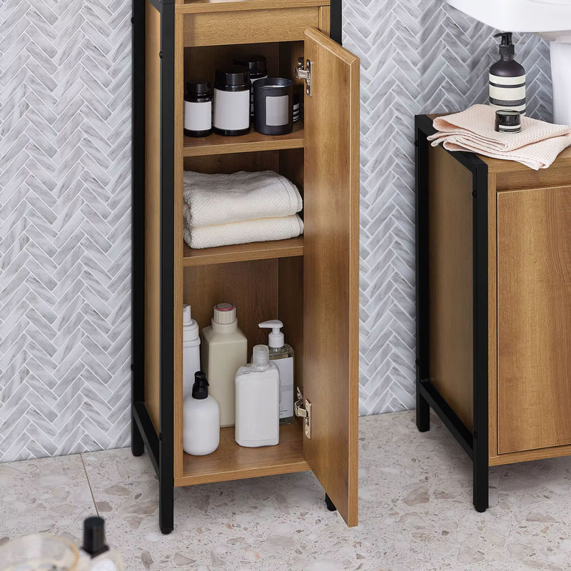SoBuy Badezimmer-Hochschrank BZR62-PF in Vintage Braun mit 3 offenen Fächern und 1 Tür, H x B x T: 168 x 30 x 28 cm - Bild 4
