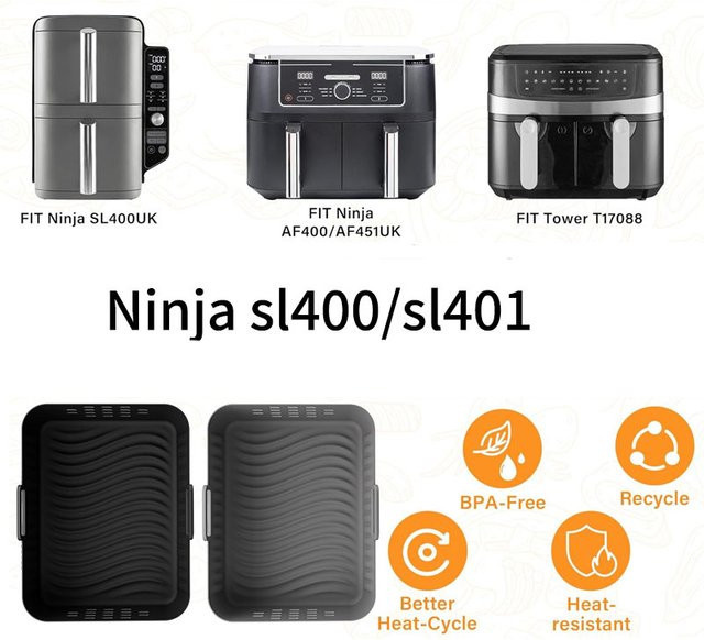 2 Stück wiederverwendbare Silikon-Heißluftfritteusen-Einlagen in Schwarz für Ninja SL400UK und SL401, rechteckige Backform aus Silikon - Bild 1